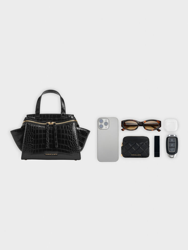 Pansy Trapeze Croc-Effect Top Handle Bag, Black, hi-res