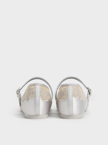 Satin Embroidered-Mesh Mary Jane Flats, Silver, hi-res