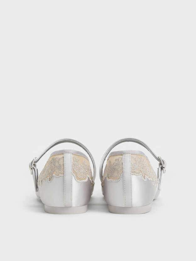 Satin Embroidered-Mesh Mary Jane Flats, Silver, hi-res