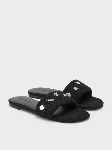 Tweed Beach Slide Sandals, Black Textured, hi-res