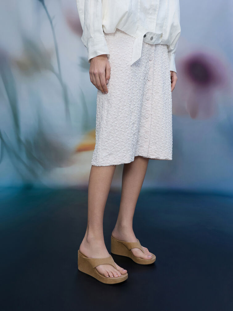 Faux Suede Thong Platform Wedges, Beige, hi-res