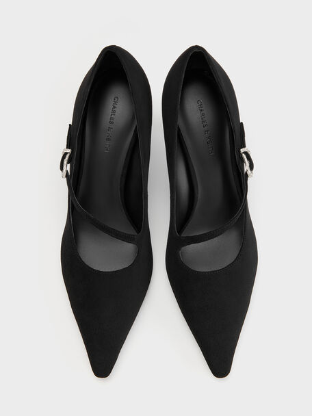 Faux Suede Asymmetric-Strap Pumps, Black Textured, hi-res