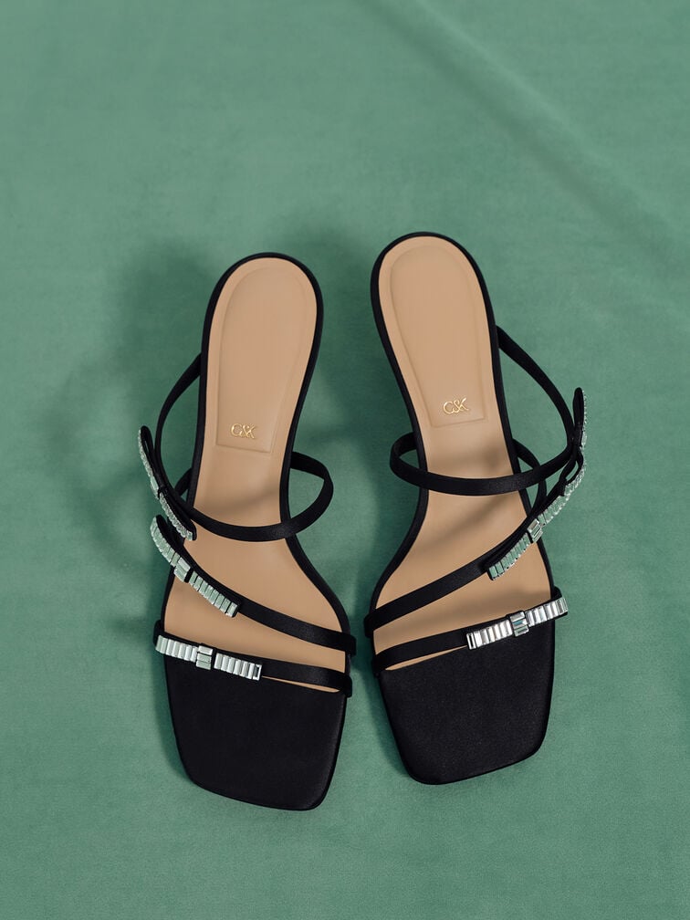 Jessy Gem-Bow Heeled Sandals, Black Textured, hi-res