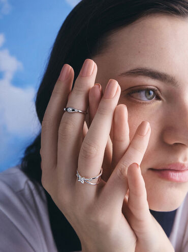 Felicity Flower-Motif Crystal Crossover Ring, Silver, hi-res