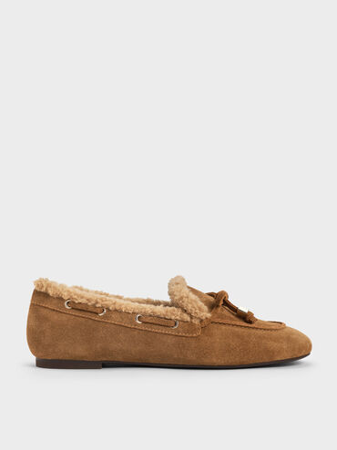 Gavyn Suede Shearling-Lined Boat Shoes, Brown, hi-res