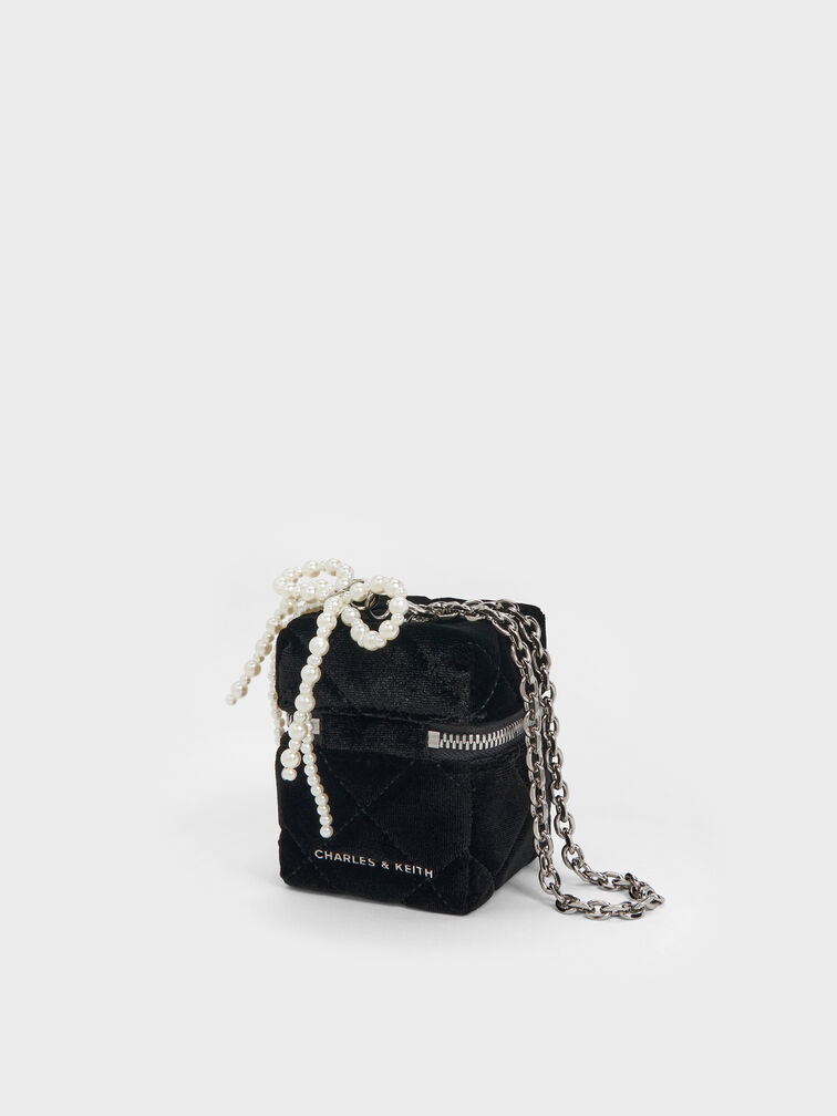 Janie Velvet Quilted Pearl-Bow Micro Bag, Noir, hi-res