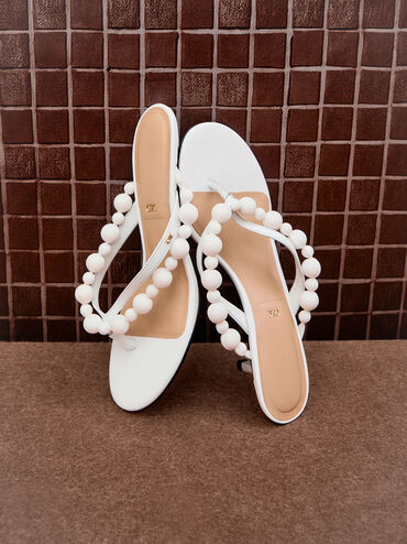 Leather Beaded Thong Kitten Heels, Chalk, hi-res