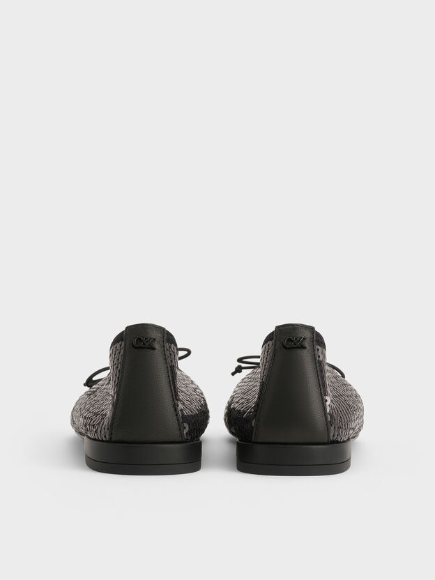 Sequin Mesh & Leather Bow Ballet Flats, Black Textured, hi-res