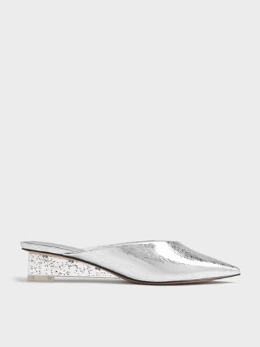 Metallic Crinkle-Effect Speckled-Heel Wedge Mules, Silver, hi-res