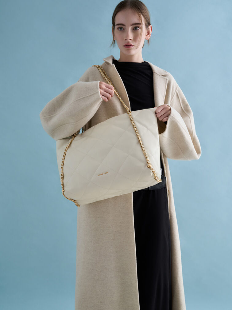 Apfra Quilted Chain-Embellished Tote Bag, Cream, hi-res