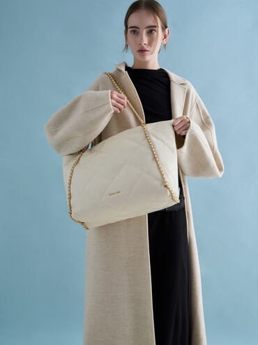 Apfra Quilted Chain-Embellished Tote Bag, Cream, hi-res