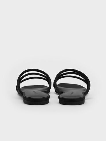 Satin Crystal-Embellished Strappy Sandals, Black Textured, hi-res