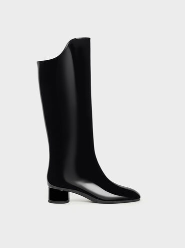 Patent Elongated Square-Toe Knee-High Boots, Black Patent, hi-res