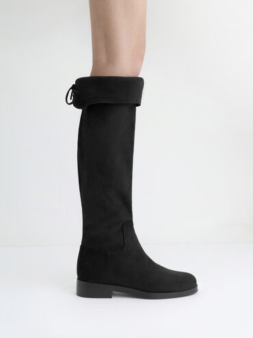 Faux Suede Fold-Over Back-Tie Thigh-High Boots, Black Textured, hi-res