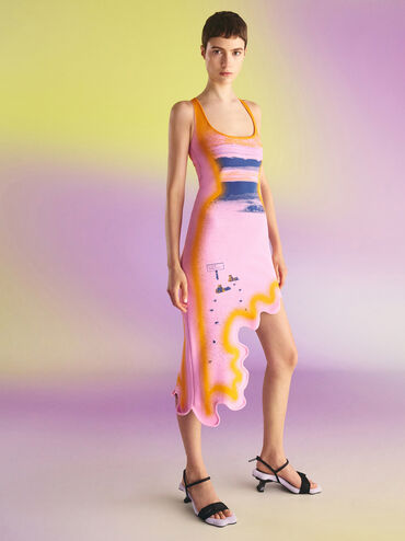 Nylon Wave-Edge Sculptural-Heel Sandals, Lilac, hi-res