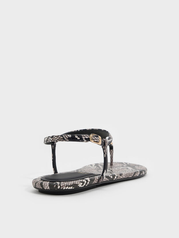 Leather Snake-Print T-Bar Thong Sandals, Animal Print Grey, hi-res