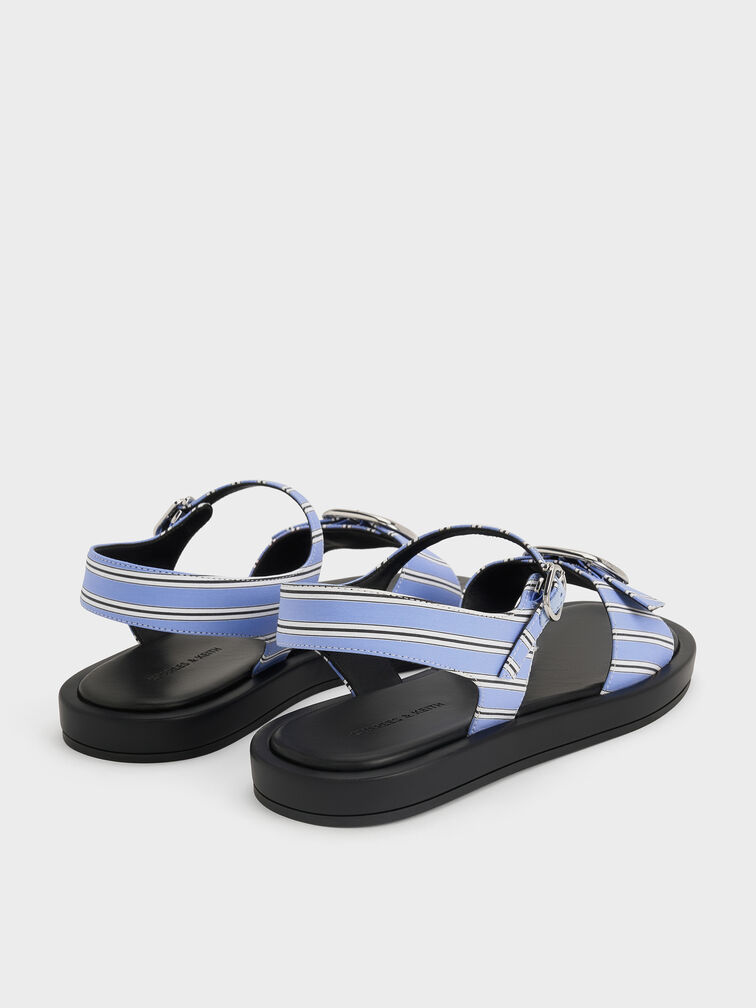 Striped Buckled Slingback Sandals, Blue, hi-res