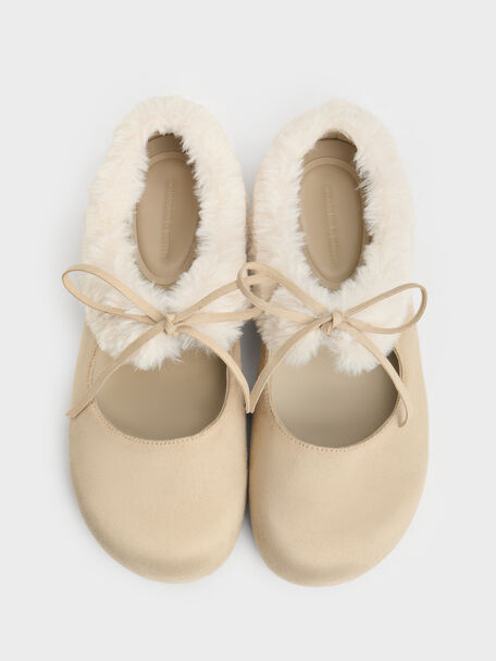 Emila Faux Suede Fur-Trim Mary Jane Flats, Chalk, hi-res