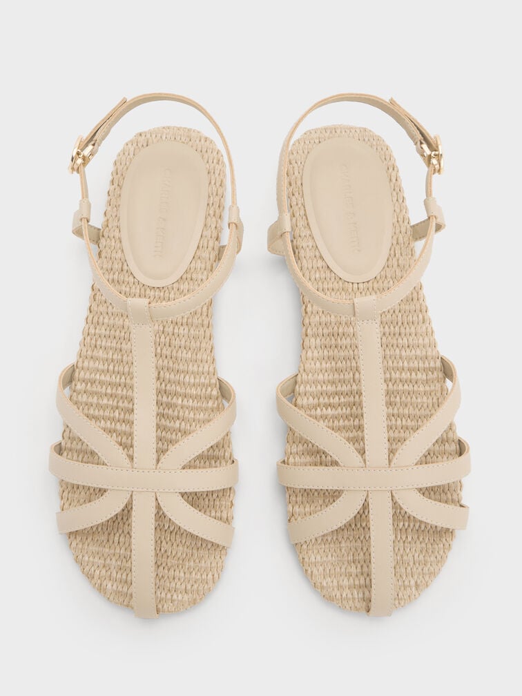 Strappy Raffia T-Bar Ankle-Strap Sandals, Taupe, hi-res