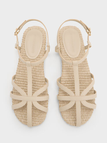 Strappy Raffia T-Bar Ankle-Strap Sandals, Taupe, hi-res