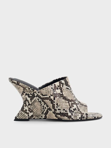 Snake-Print Wide-Strap Sculptural-Heel Wedges, Animal Print Natural, hi-res