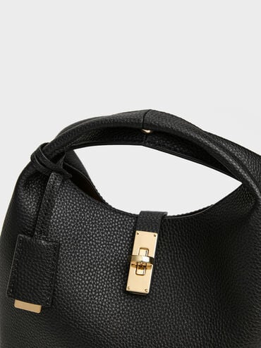 Chance Recycled Leather Turn-Lock Bucket Bag, Black, hi-res