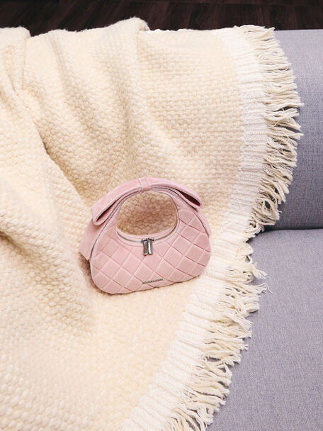 Janie Velvet Quilted Bow-Handle Bag, Pink, hi-res