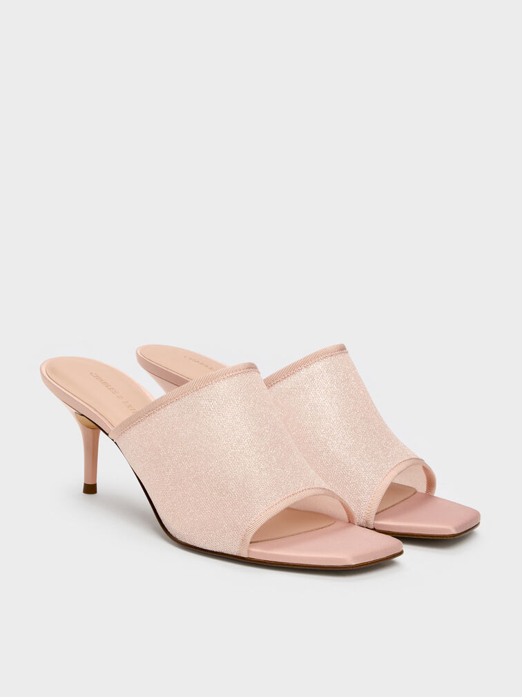 Glittered Mesh Heeled Mules, Pink, hi-res