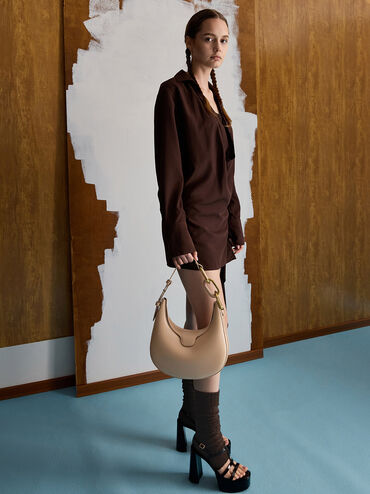 Kora Metallic-Accent Moon Bag, Beige, hi-res