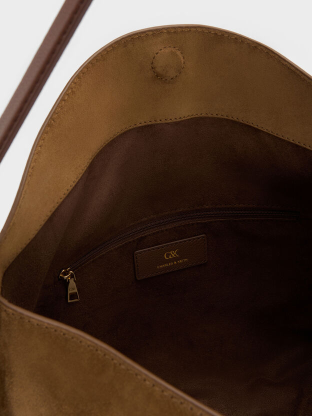 Large Leather & Suede Top-Flap Hobo Bag, Brown, hi-res