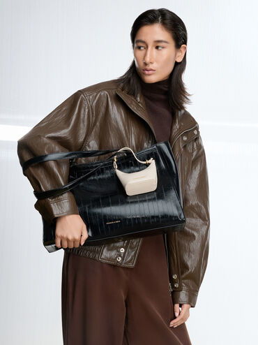 Augustine Eel-Effect Sculptural-Detail Tote Bag, Black, hi-res