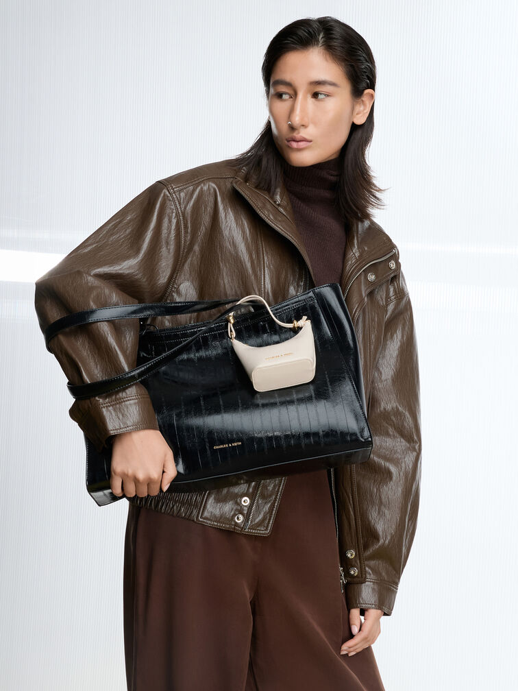 Augustine Eel-Effect Sculptural-Detail Tote Bag, Black, hi-res