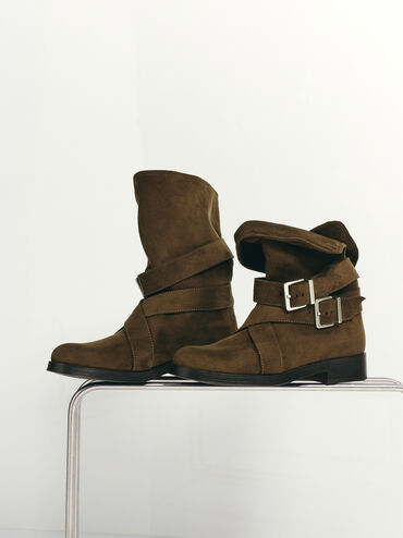 Brett Faux Suede Buckle-Strap Calf Boots, Dark Brown Textured, hi-res