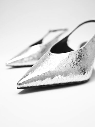 Metallic Crinkle-Effect Pointed-Toe High-Vamp Slingback Pumps, Silver, hi-res