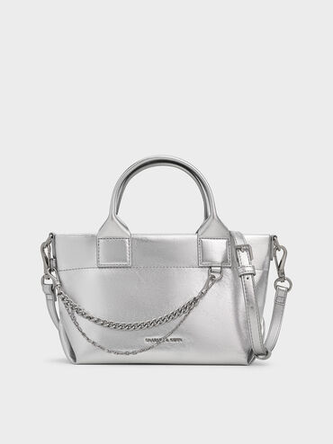 Atwood Crinkle-Effect Chain-Embellished Tote Bag, Silver, hi-res