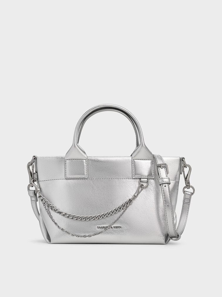 Atwood Crinkle-Effect Chain-Embellished Tote Bag, Silver Atwood Crinkle-Effect Chain-Embellished Tote Bag, Silver, hi-res