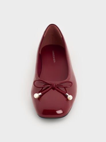 Barbara Patent Pearl-Embellished Bow Ballet Flats, Red, hi-res