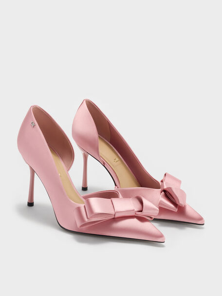 Pleated-Bow Pointed D'Orsay Pumps, Pink, hi-res