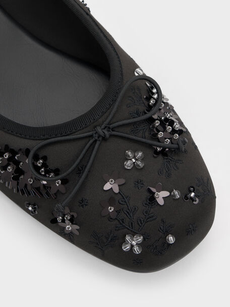 Sadira Satin Embroidered Sequinned Mary Jane Flats, Black Textured, hi-res
