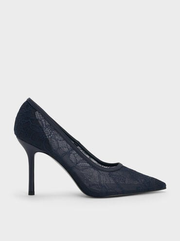Lace & Satin Stiletto Pumps, Dark Blue, hi-res