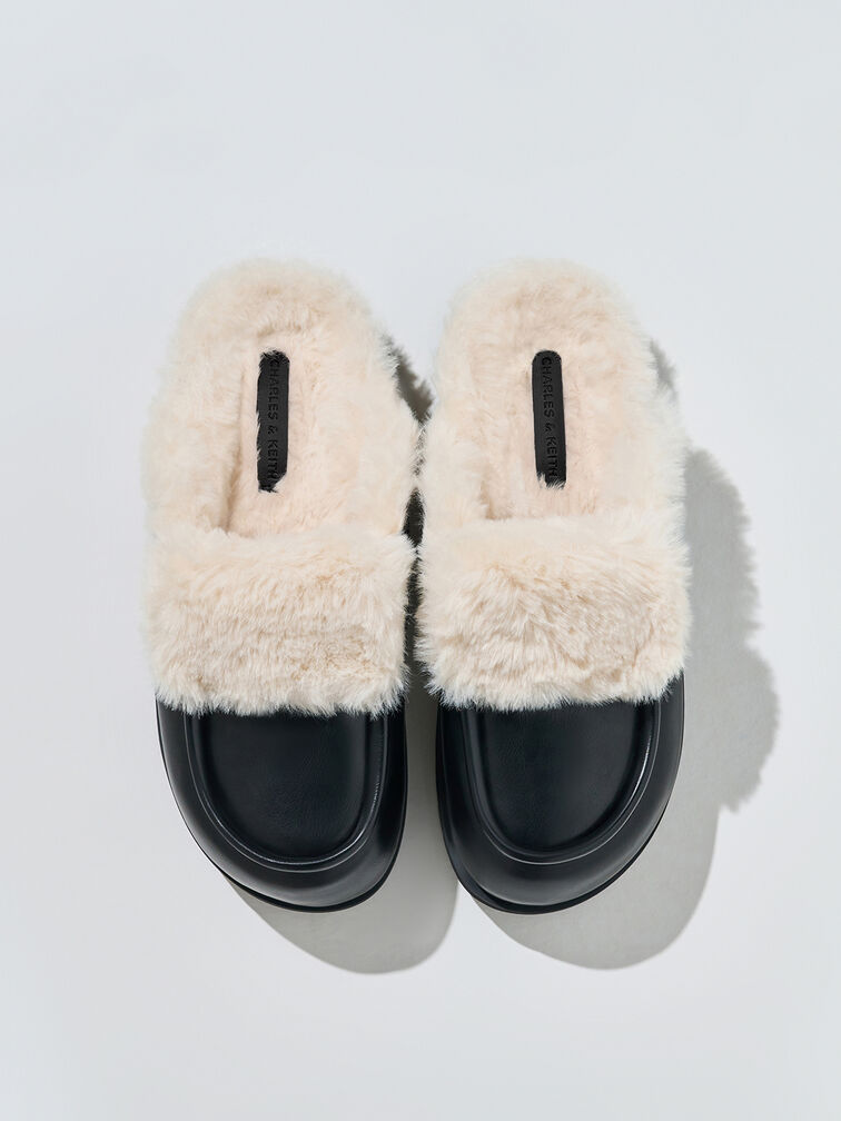 Fur-Trim Flatform Mules, Black, hi-res