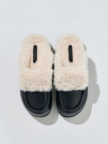 Fur-Trim Flatform Mules, Black, hi-res