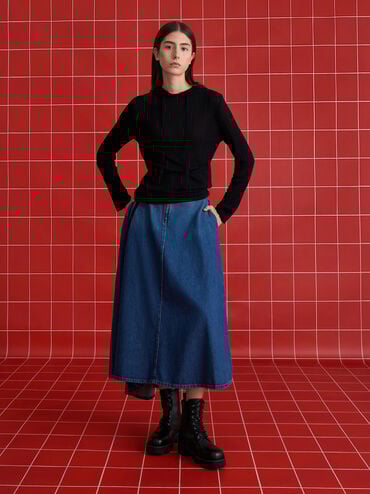 Ridged-Sole Lace-Up Combat Boots, Black, hi-res