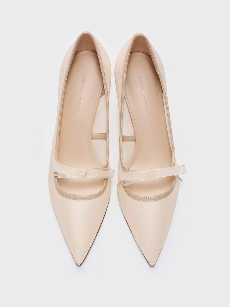 Venetia Mesh Bow Pointed Pumps, Nude, hi-res