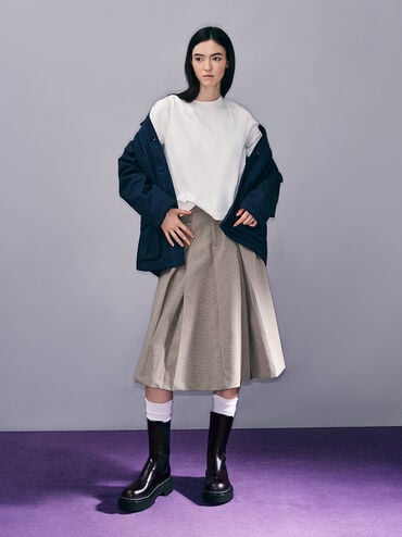 Stitch-Trim Platform Mid-Calf Chelsea Boots, Burgundy, hi-res