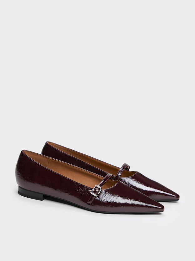 Crinkle-Effect Pointed Ballet Flats, Burgundy, hi-res