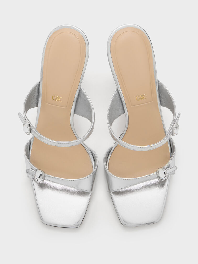 Metallic Leather Gem-Buckle Double-Strap Heeled Sandals, Silver, hi-res
