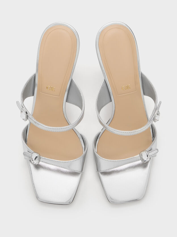Metallic Leather Gem-Buckle Double-Strap Heeled Sandals, Silver, hi-res