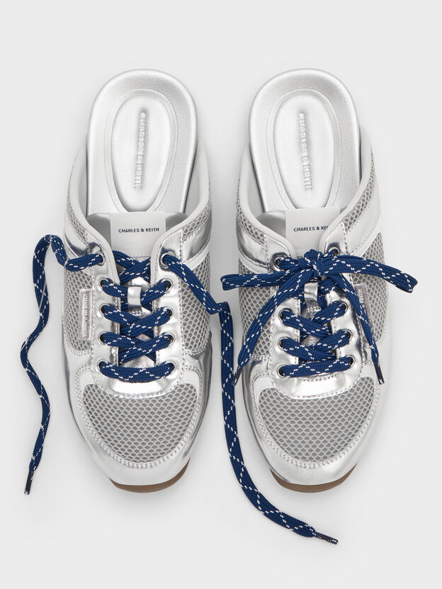 Metallic Mesh Lace-Up Sneaker Mules, Silver, hi-res