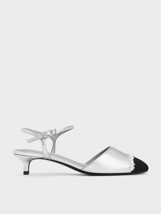 Metallic Pearl-Embellished Cap-Toe Kitten Heels, Silver, hi-res
